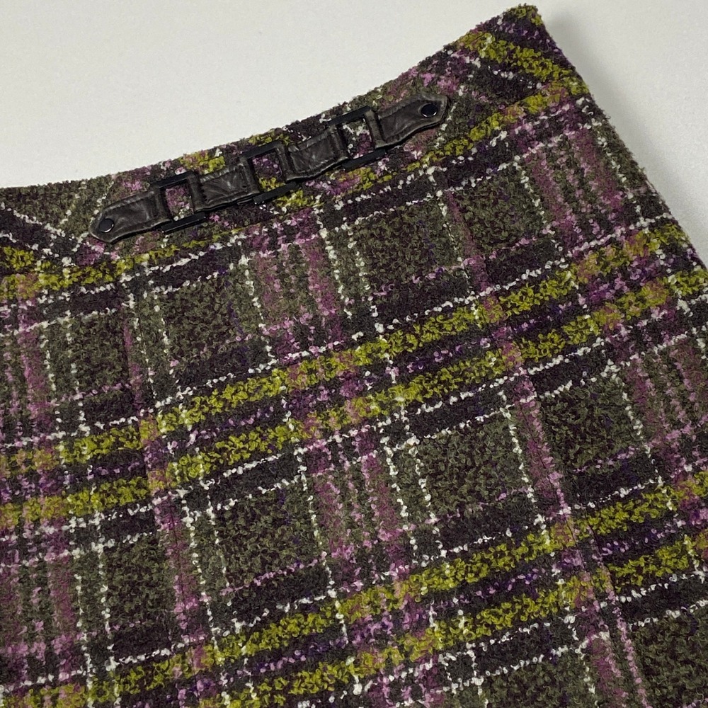 Worth New York Plaid Wool Blend Tweed Mini Skirt Leather Detail Lined Size 6